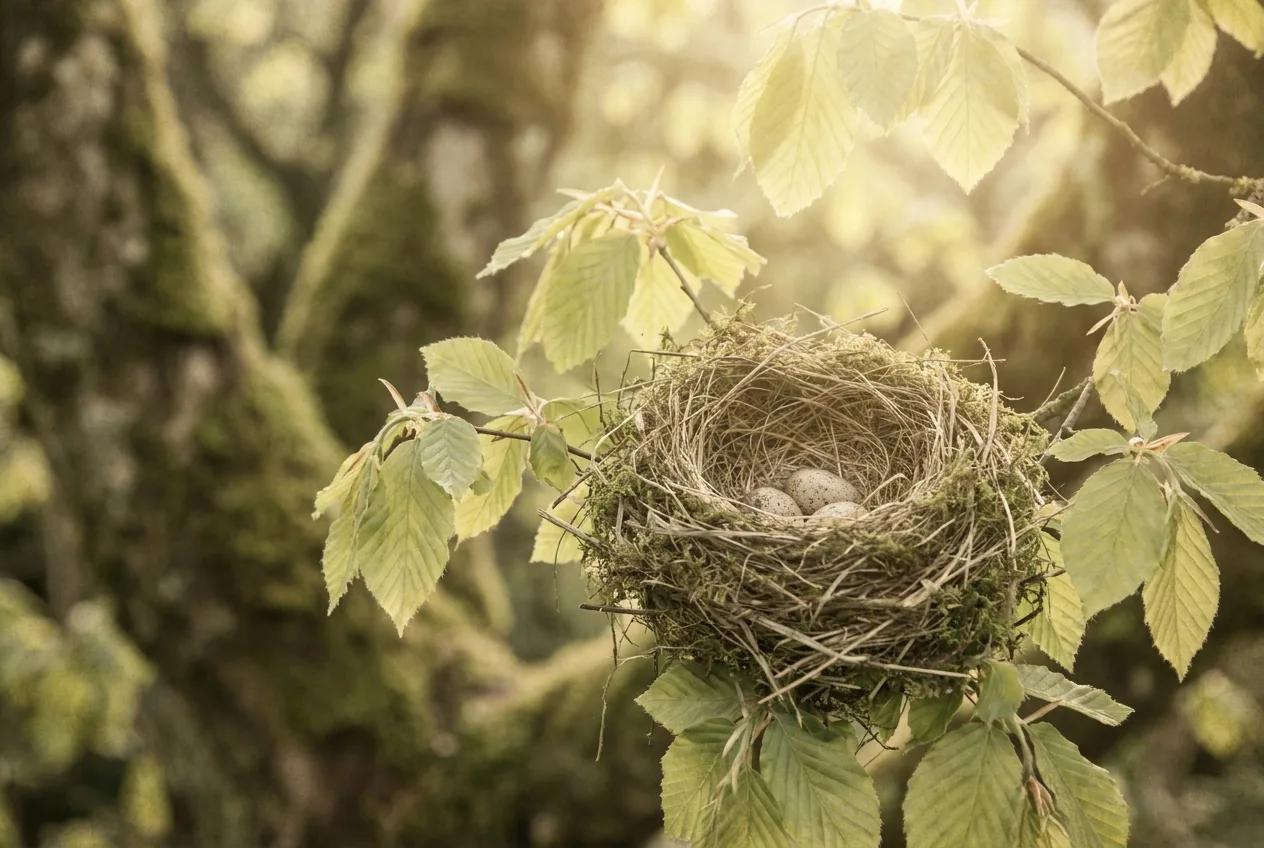 Ein Nest, geborgen im Grün — Sinnbild für Elternnest